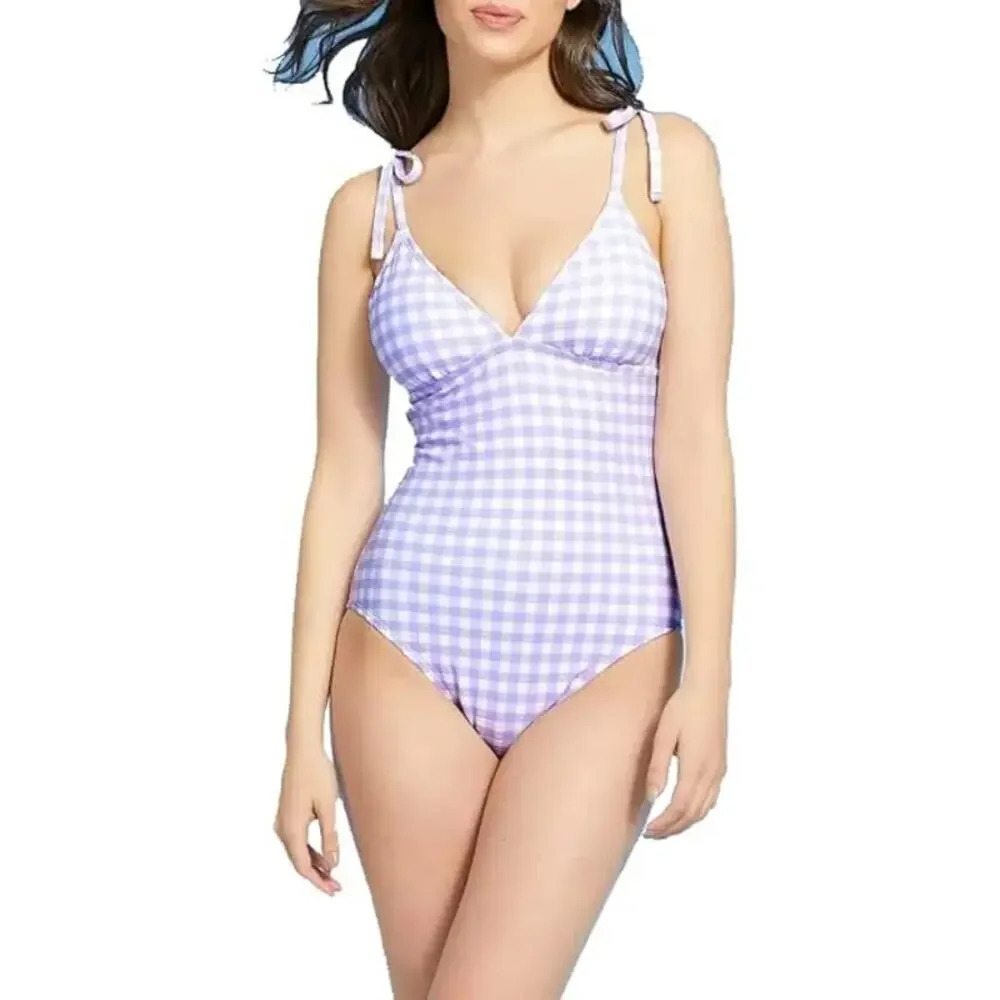 Kona‎ Sol Women's Purple Gingham One Piece Swimsuit XL Shoulder Tie